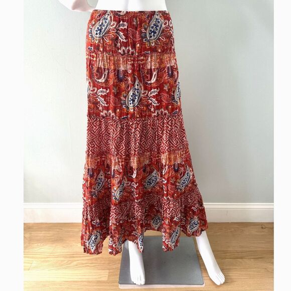 Boho Red Paisley Patchwork Maxi Skirt Tiered Crinkle Elastic Waist size Large - Picture 1 of 8